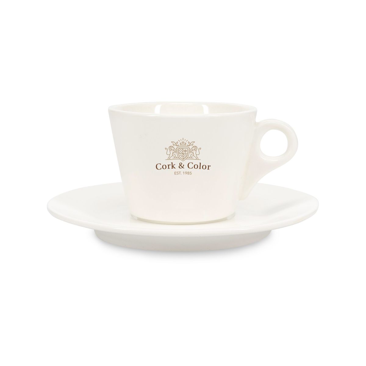Meerkleurige CorkColor-logo-opdruk op Baristo Koffie 16 cl. SET porselein aan de voorzijde.