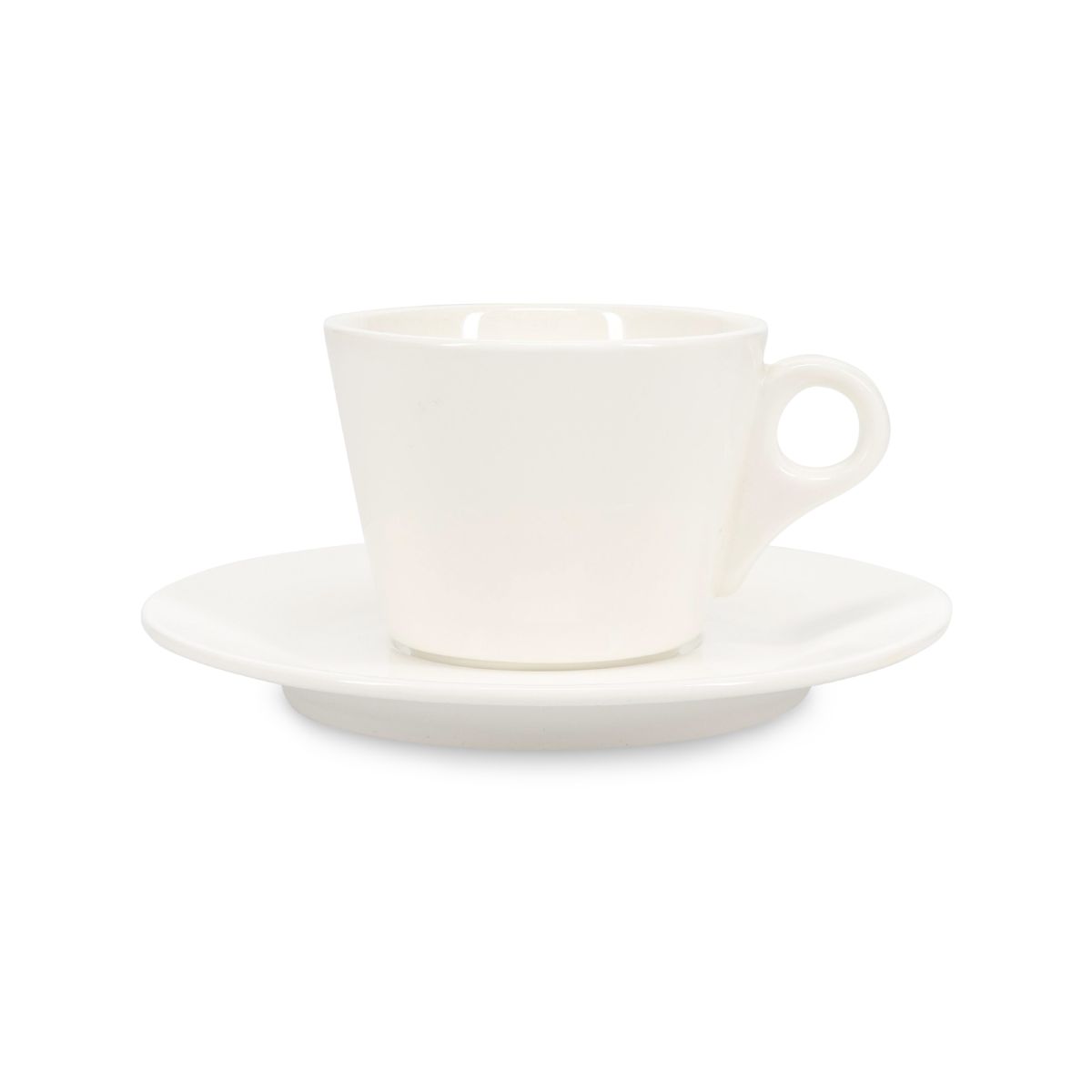 Vooraanzicht van Baristo Koffie 16 cl. SET porselein, bestaande uit kop en schotel in wit porselein.