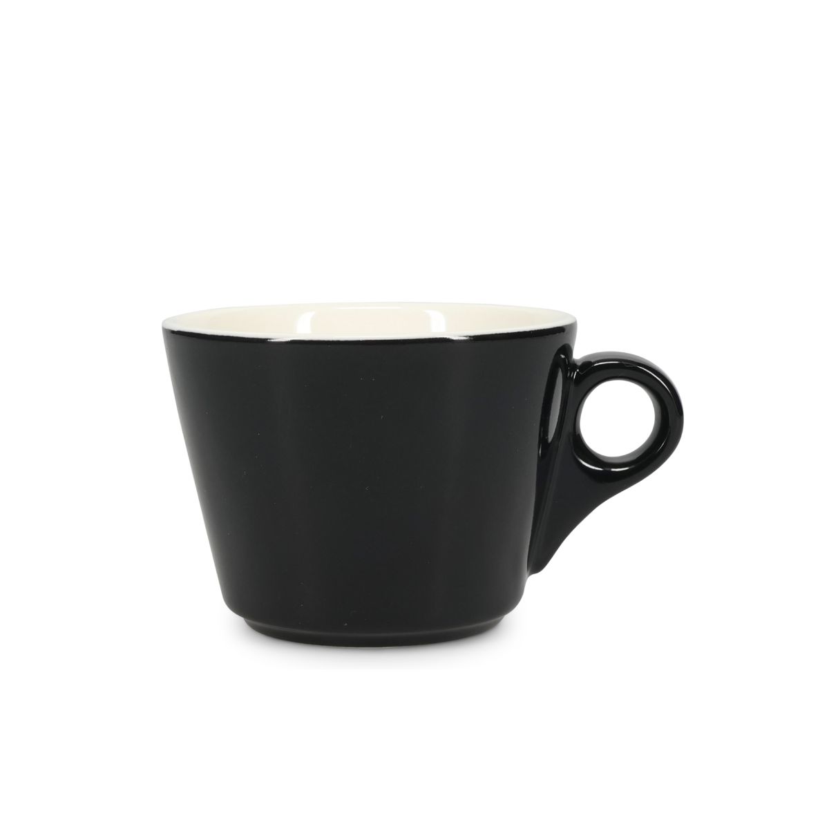 Vooraanzicht van de Baristo koffie kop 16 cl. van zwart-wit porselein met klassiek afgerond ontwerp.