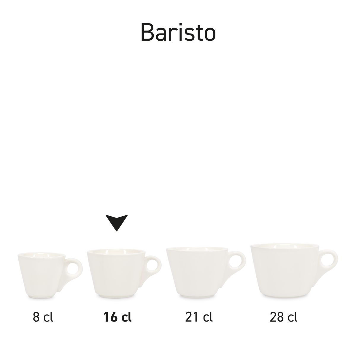 Serieoverzicht van Baristo koffie kop 16 cl., met meerdere porseleinen koppen in identieke stijl.
