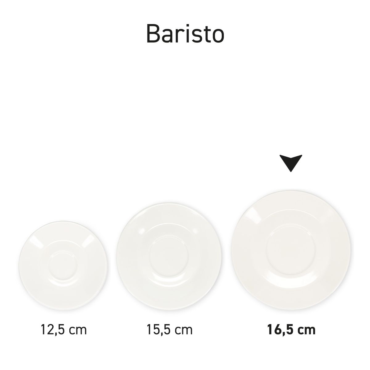Reeks porseleinen latte schotels in serie gepresenteerd als Baristo-collectie.