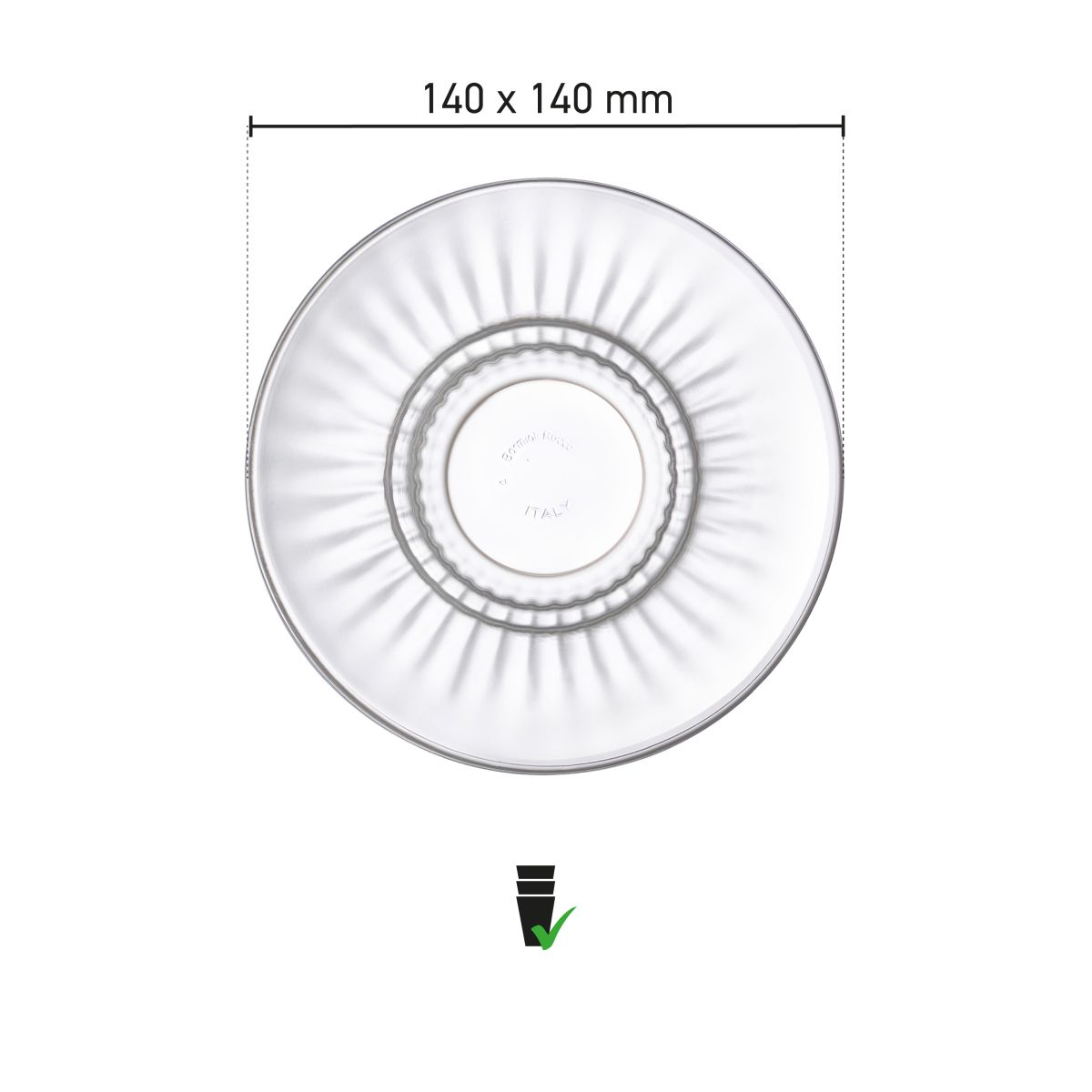Infographic toont de afmetingen van Barshine koffieschotel 14 cm glas met diameter in beeld.