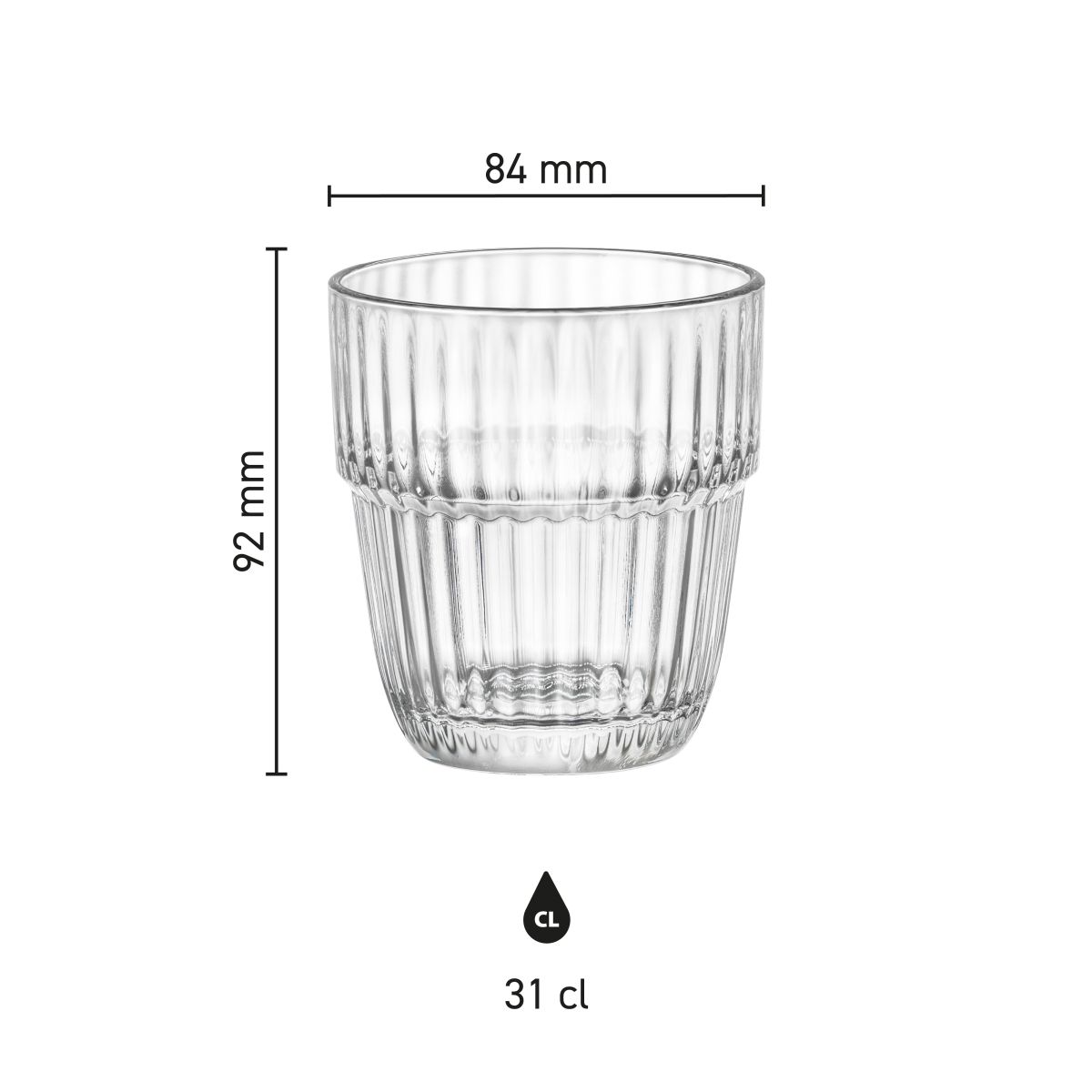 Afbeelding met hoogte- en diameterafmetingen van Barshine Tumbler glas 31 cl in technische infographic.