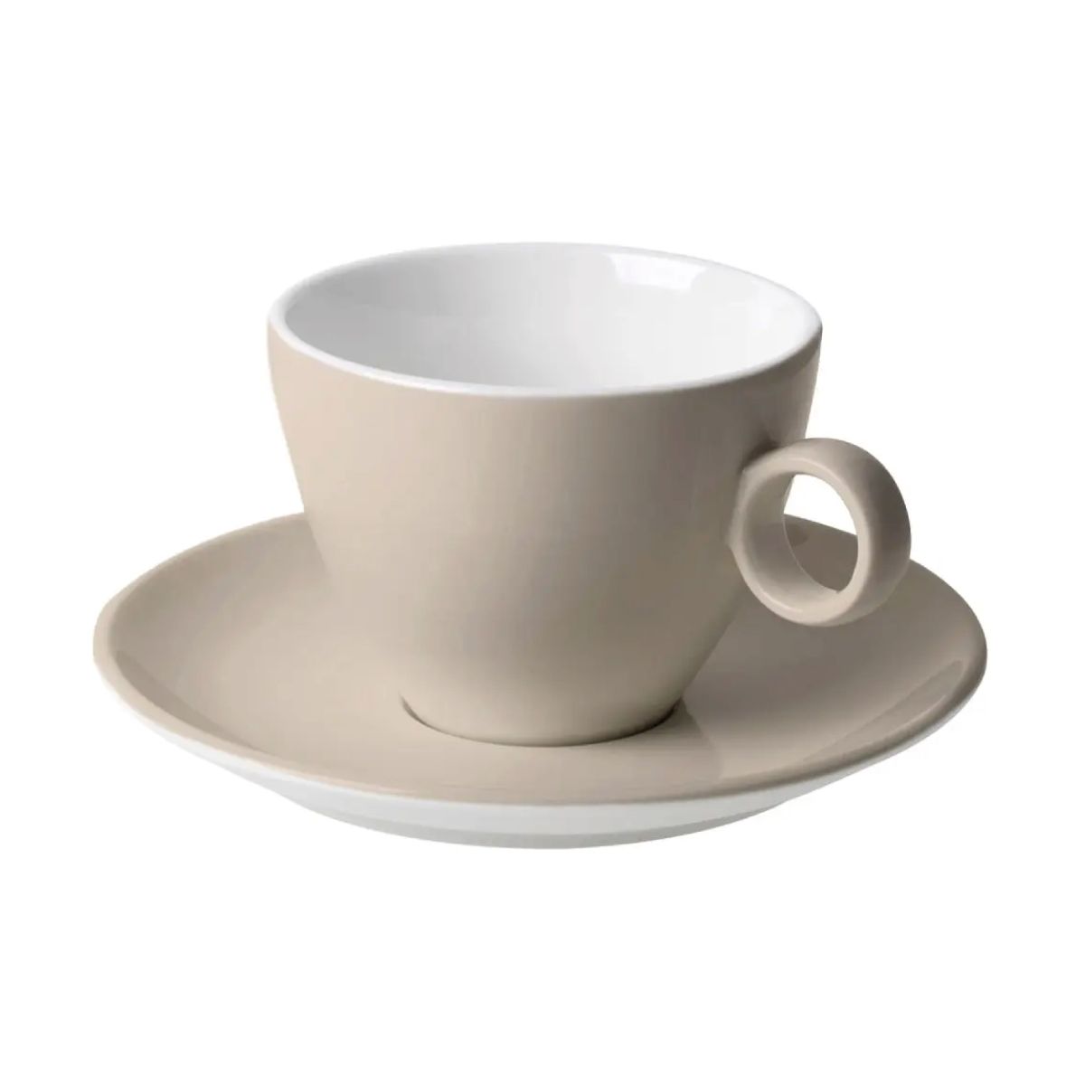 Vooraanzicht van Bart cappuccino 23 cl. SET van bruin-wit porselein, met ronde vorm en stevig oor.