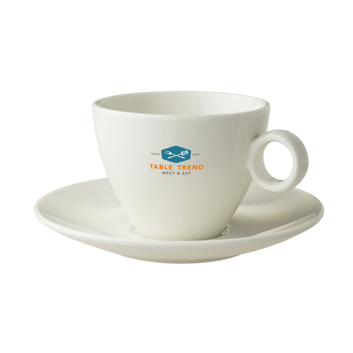 Vooraanzicht van Bart Cappuccino SET 23 cl. met meerkleurig TableTrend-logo op het porselein.
