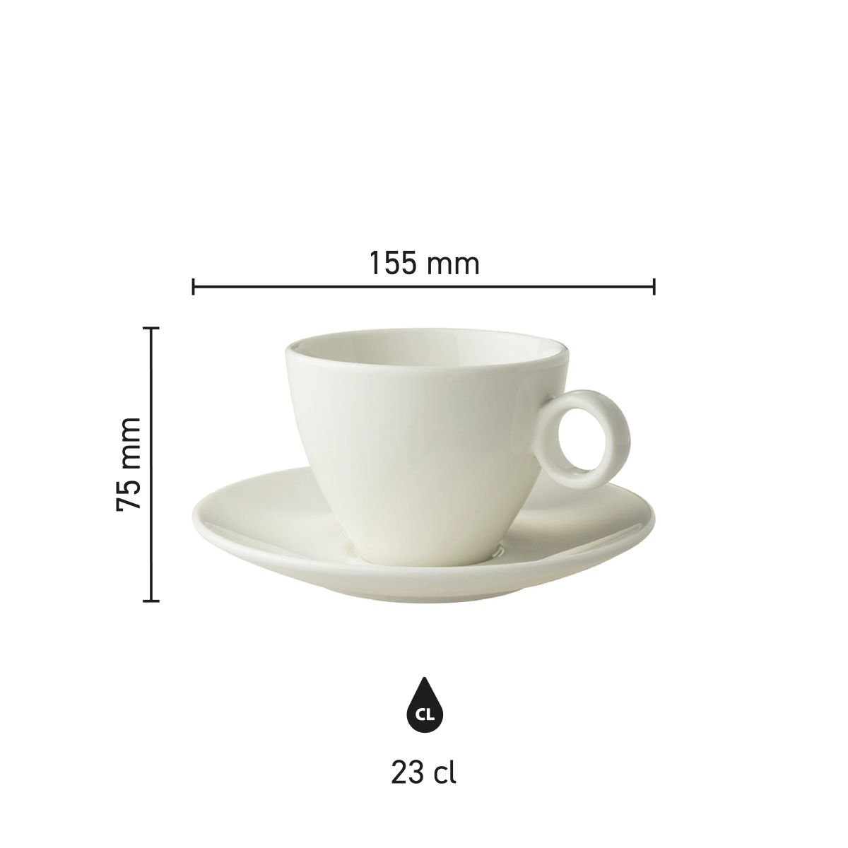 Infographic met maatvoering van Bart cappuccino 23 cl porseleinen set, toont diameter en hoogte.