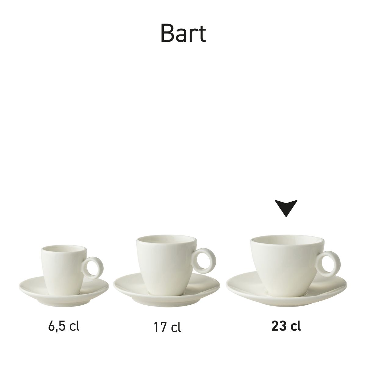 Serieafbeelding van Bart cappuccinokopjes porselein, opgesteld in verschillende maatvoeringen naast elkaar.