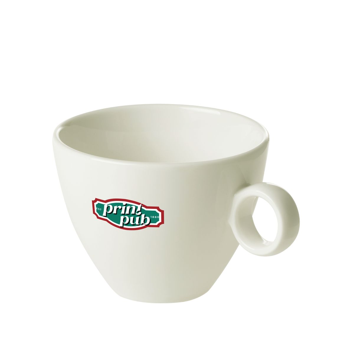 Vooraanzicht van Bart Cappuccino kop porselein 23 cl bedrukt met kleurrijk PrintPub-logo.