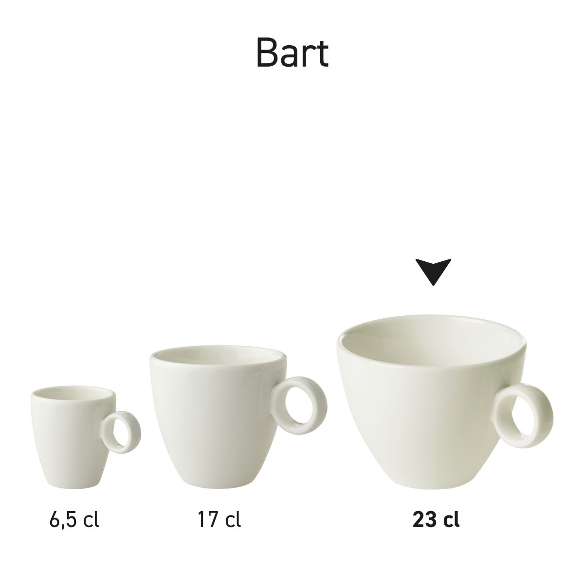 Serie Bart Cappuccino koppen van wit porselein naast elkaar als uniform productaanbod.