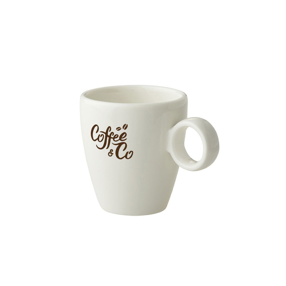 Espresso kop 6,5 cl porselein met bruin CoffeeCo-logo op het gladde witte oppervlak.