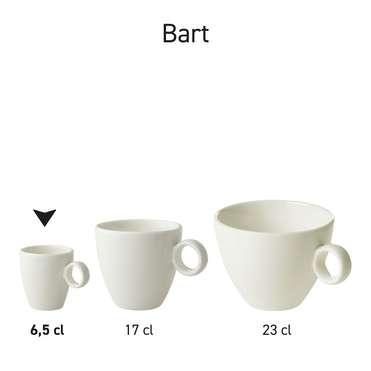 Reeks van Bart Espresso koppen wit porselein naast elkaar als productserie.