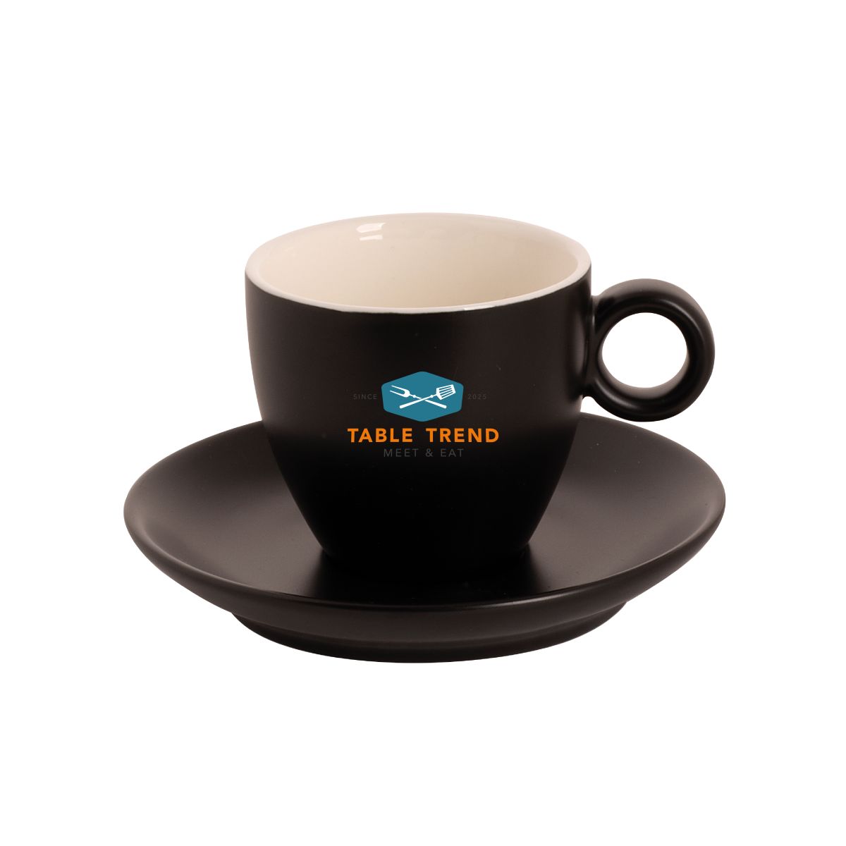 Vooraanzicht van mat porseleinen koffiekopjes 17 cl met TableTrend-logo in meerdere kleuren.