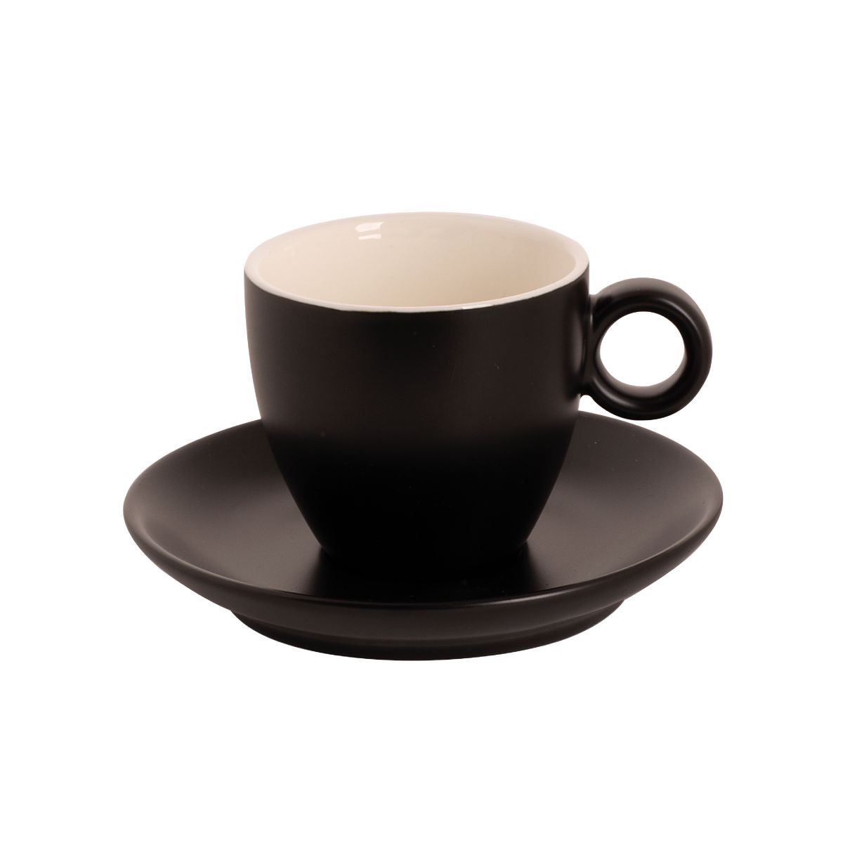 Vooraanzicht van Bart Koffie 17 cl set in mat zwart porselein, bestaande uit kopje en schotel.