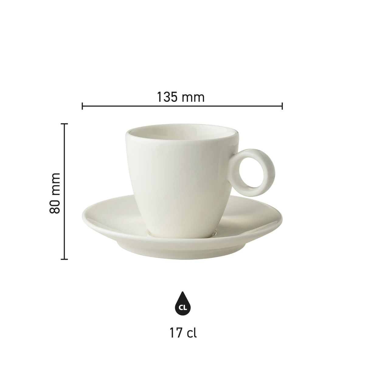 Infographic met afmetingen van Bart Koffie 17 cl. in porselein.