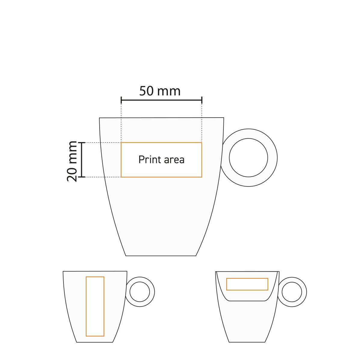 Technische werktekening van Bart Koffie kop 17 cl. toont positie en formaat van drukgebied.