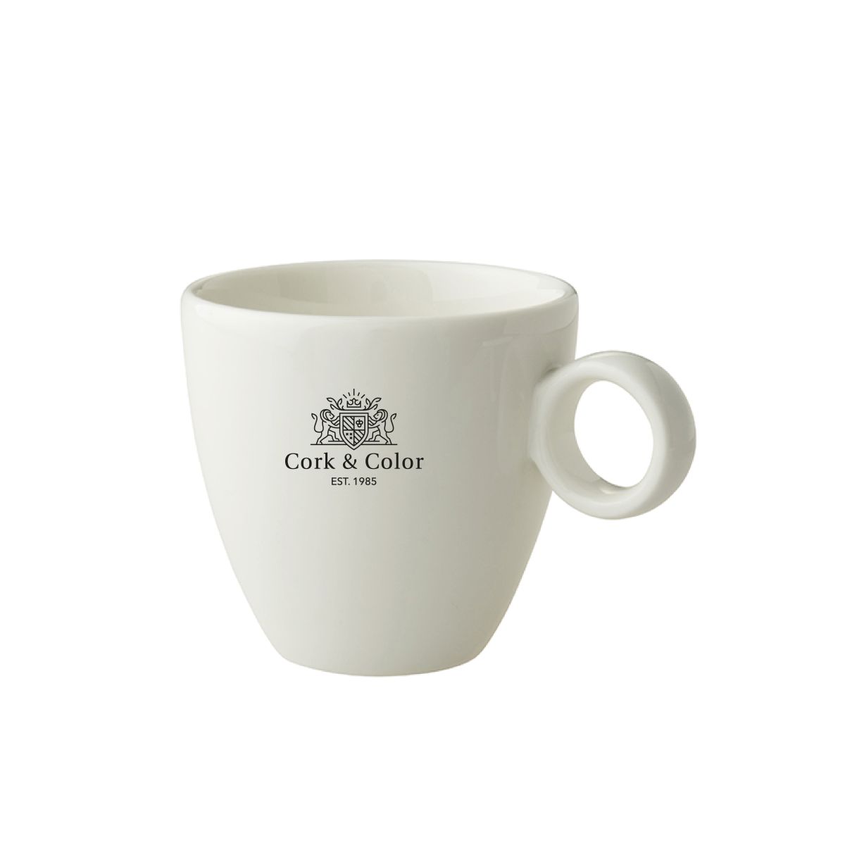 Porseleinen koffie kop 17 cl met éénkleurige bedrukking van het CorkColor-logo op de voorkant.