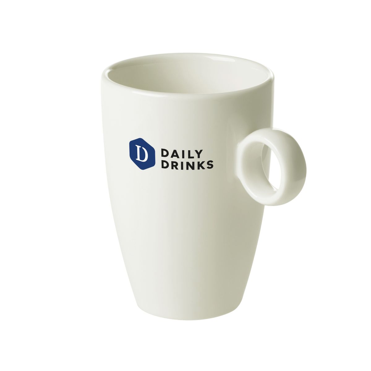 Vooraanzicht van Bart mok 23 cl porselein met meerkleurig DailyDrinks-logo.