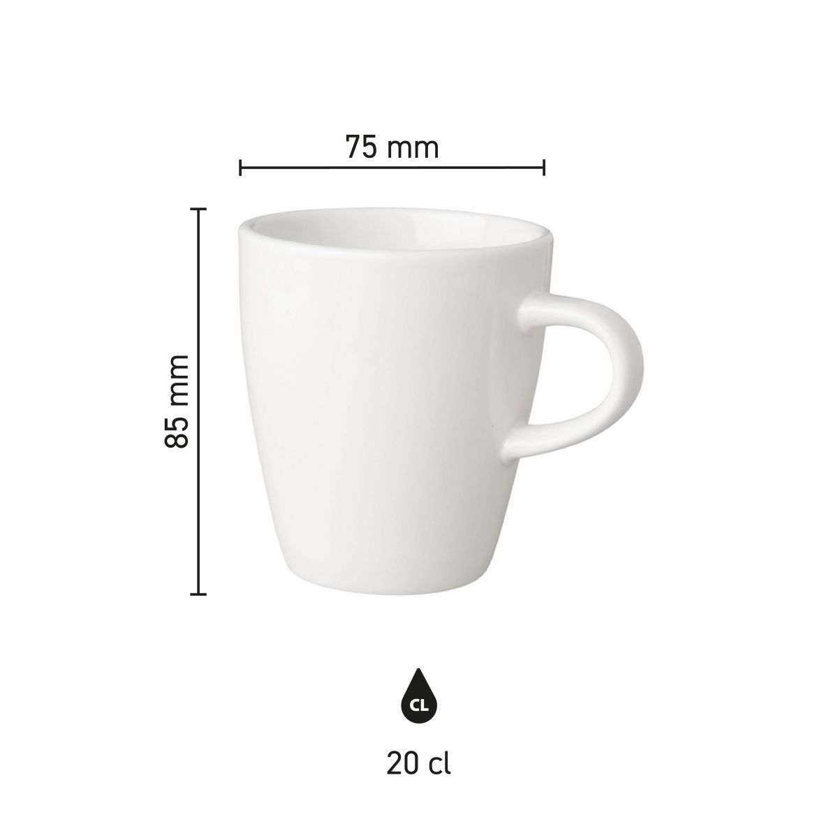 Infographic met afmetingen van witte porseleinen Budgetline Neo beker van 20 cl.