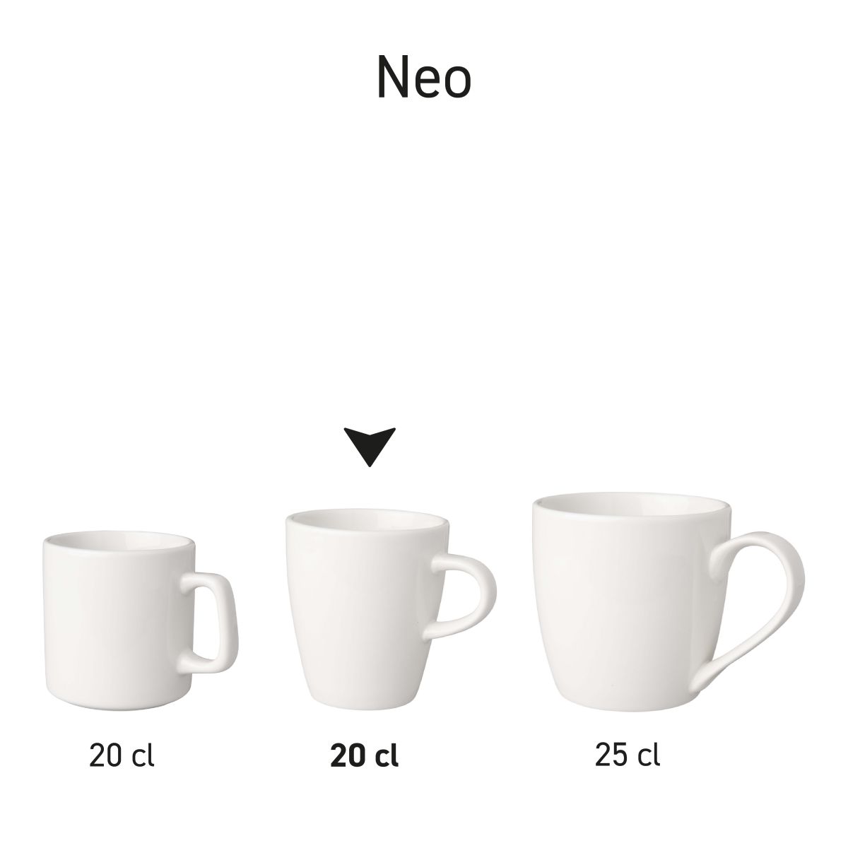 Set witte porseleinen bekers Neo in serie gepresenteerd voor productoverzicht.