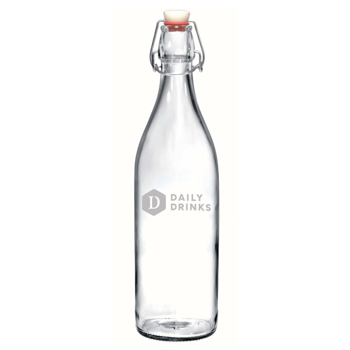 Glazen fles Giara rond 1 liter met gegraveerd DailyDrinks-logo op de voorzijde.
