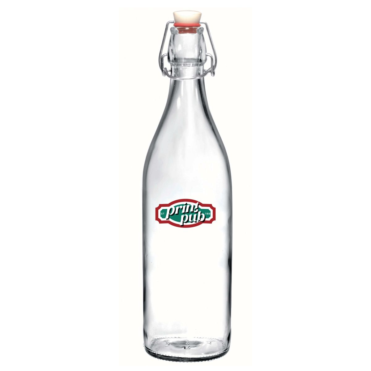 Ronde beugelfles Giara 1 liter met meerkleurig PrintPub-logo op het vooraanzicht.