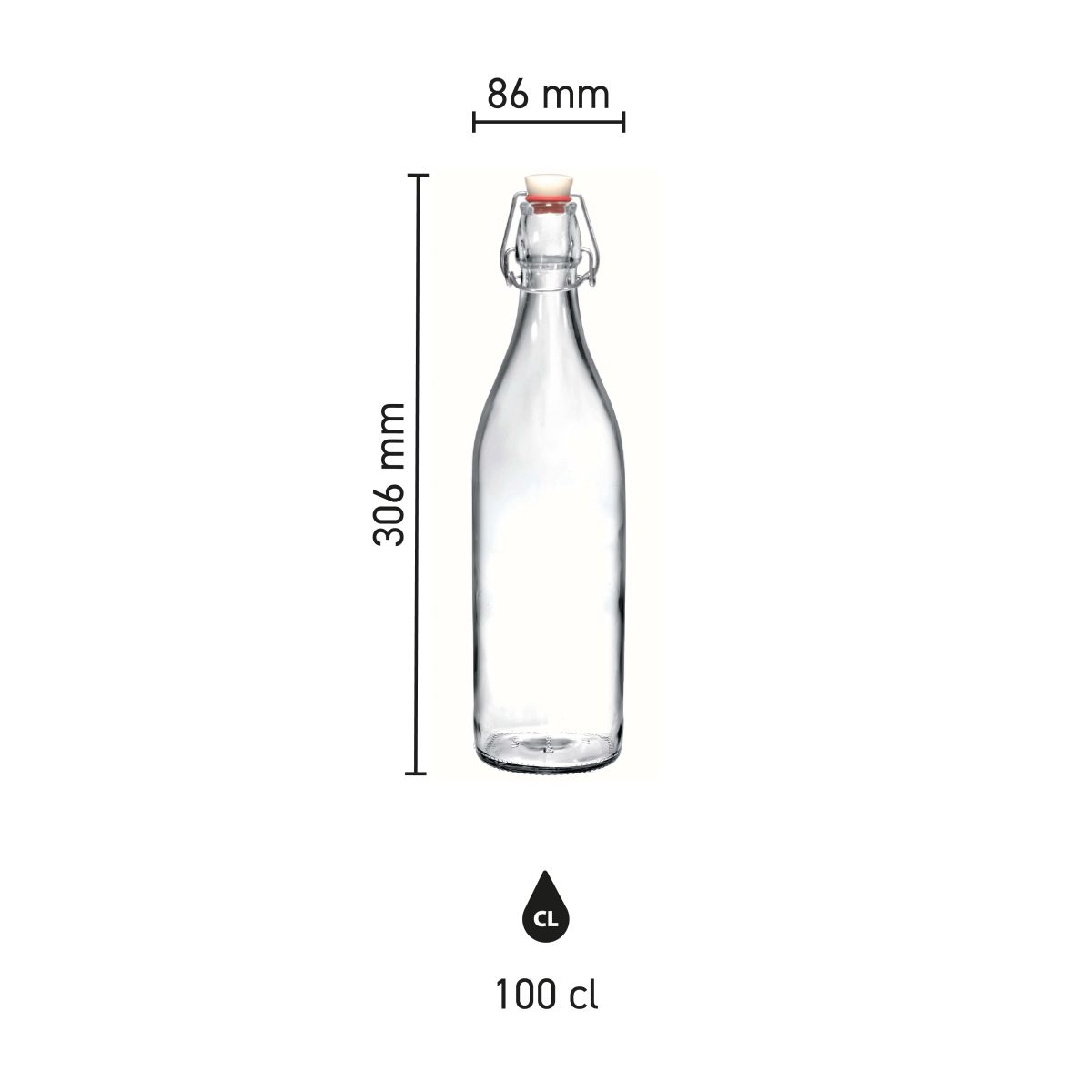 Infographic met maatvoering van ronde glazen beugelfles Giara 1 liter met beugelsluiting.
