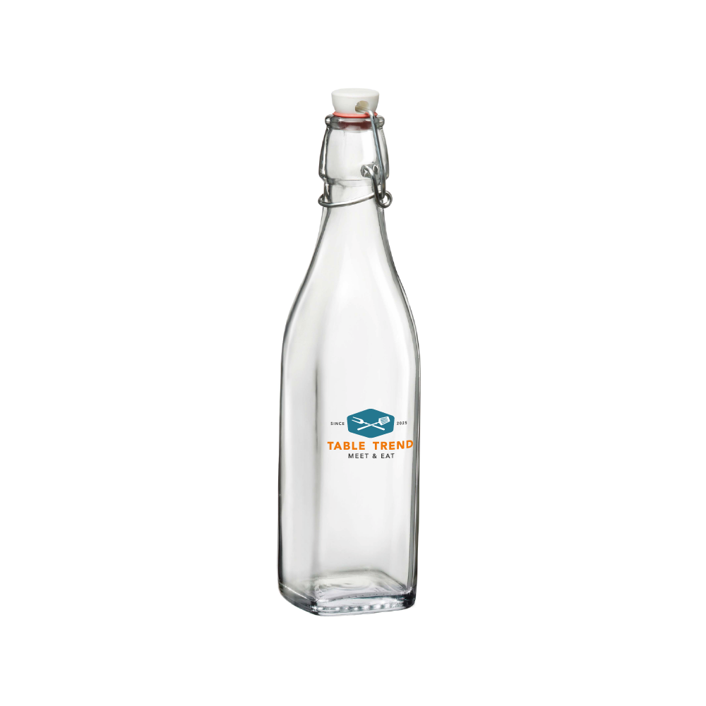 Beugelfles Swing 0,25 liter van glas met meerkleurig TableTrend-logo in 2-4 kleuren op het vooraanzicht.