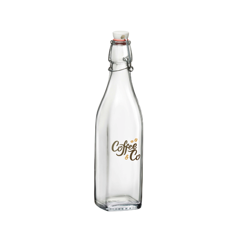 Vierkante glazen beugelfles van 0,5 liter met full-colour CoffeeCo-logo bedrukt op het vooraanzicht.