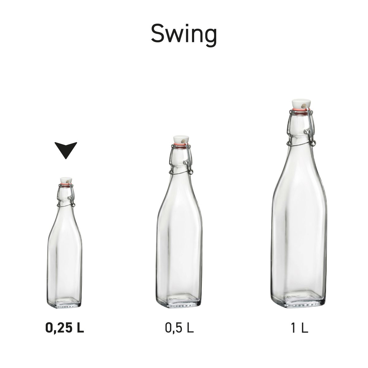Reeks van Beugelflessen Swing in serieopstelling, met identiek ontwerp.