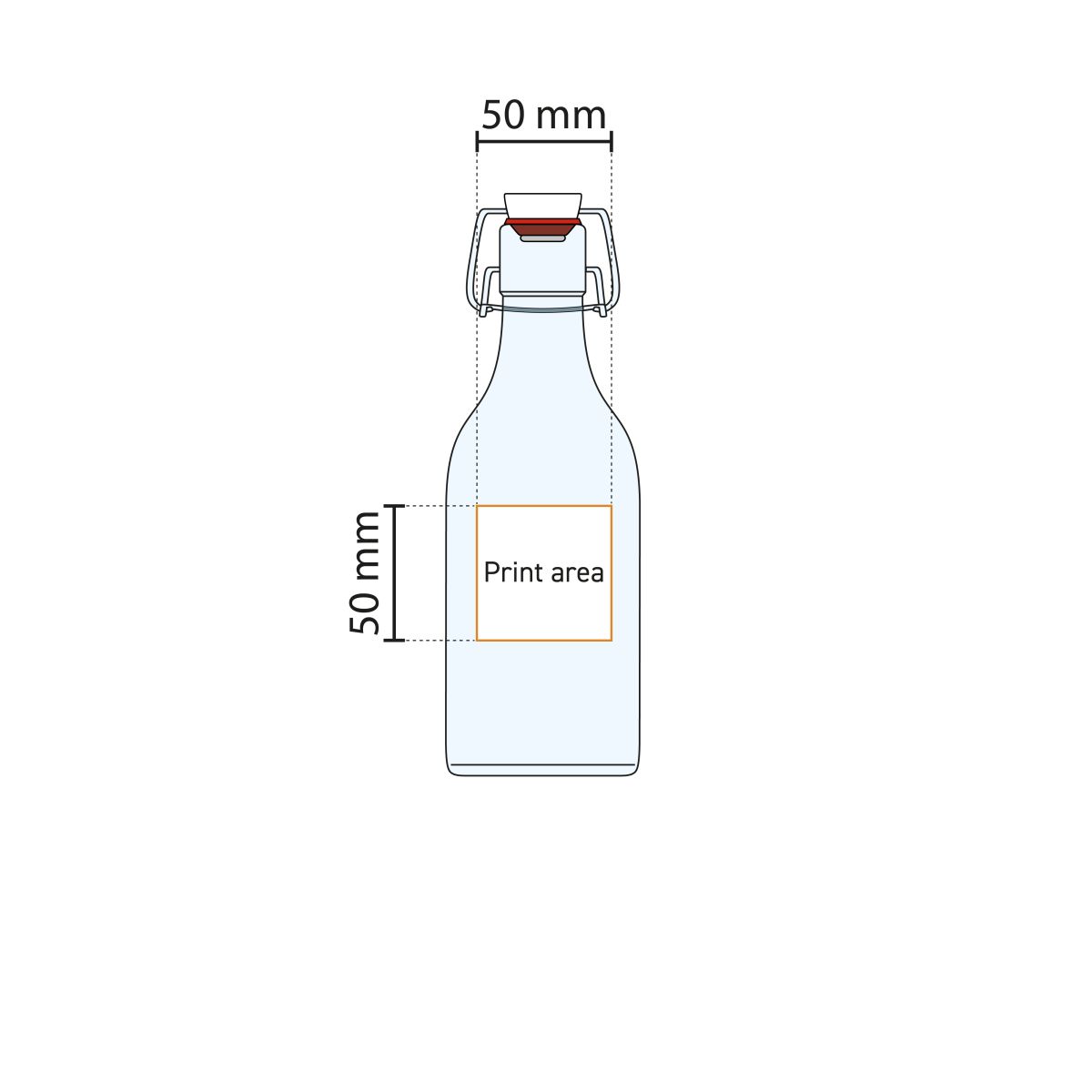 Gedetailleerde technische tekening van de Vierkant Swing beugelfles 0,5 liter met gemarkeerd drukgebied.