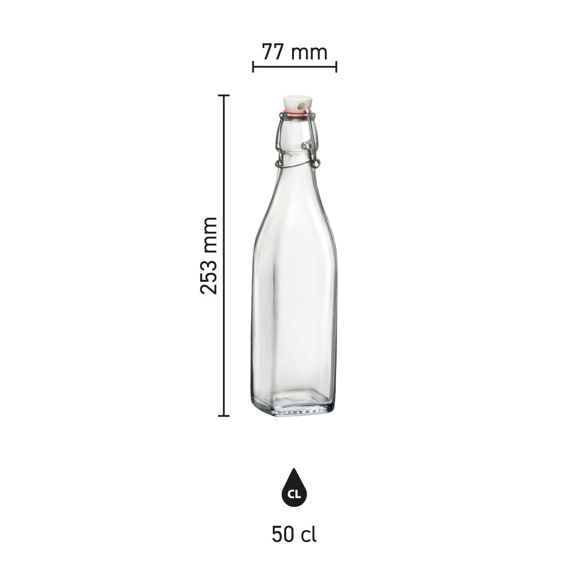 Visualisatie van de maten van de beugelfles Swing 0,5 liter van glas in een overzichtelijke infographic.