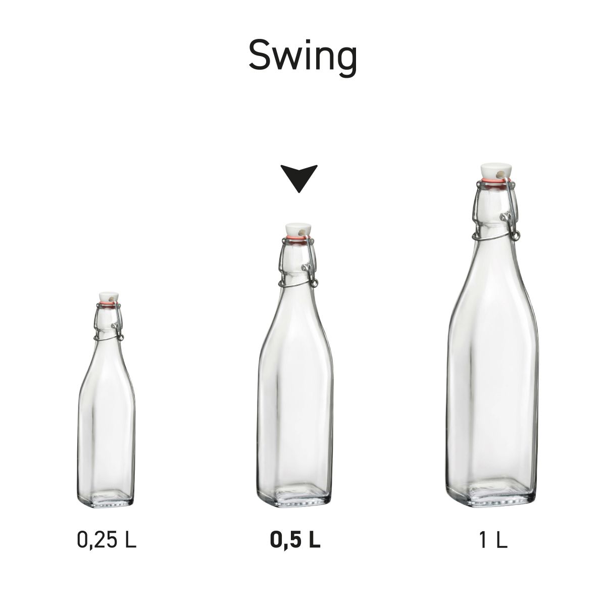 Reeks glazen Swing-flessen van 0,5 liter in serieopstelling, met identieke vorm en beugelsluiting.