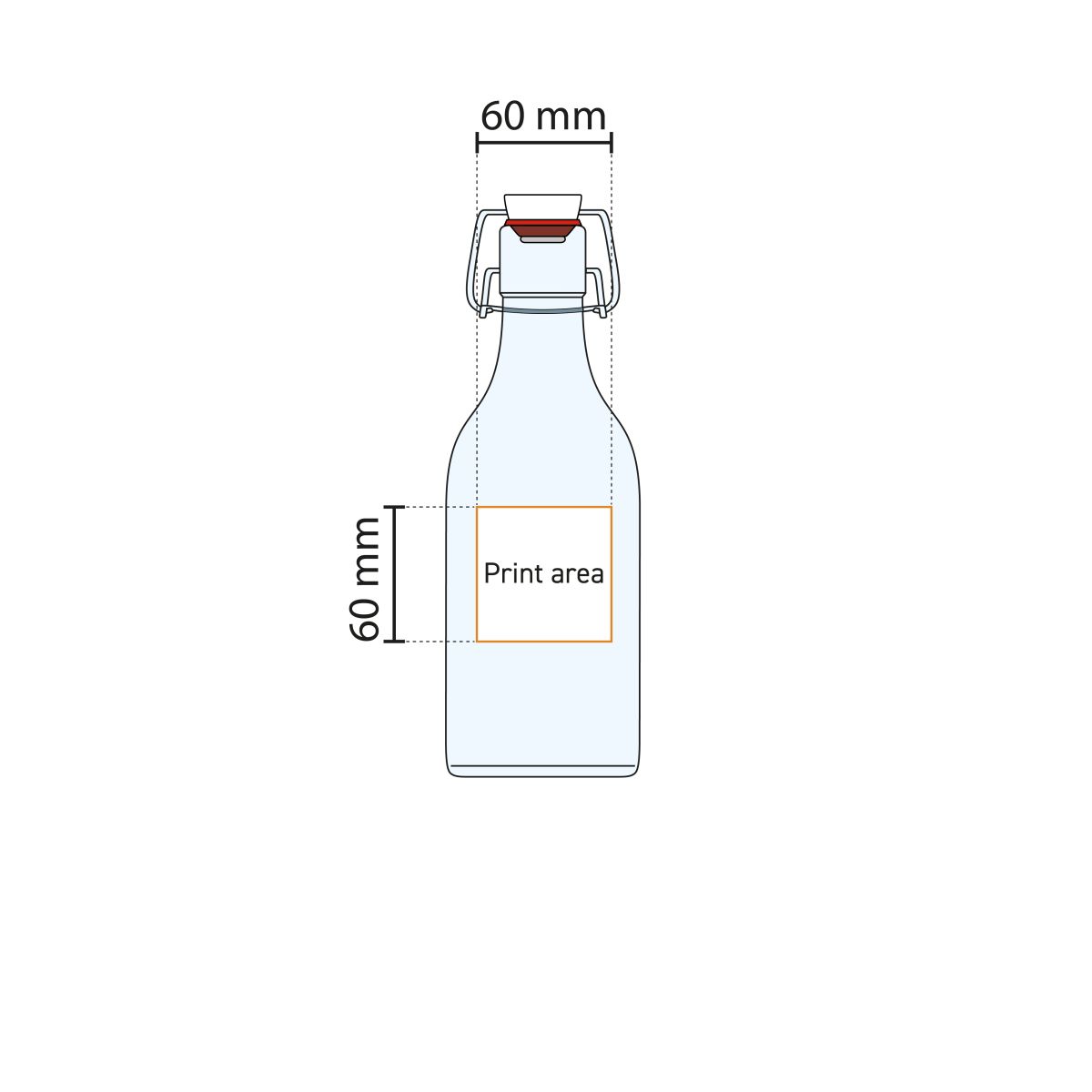 Technische werktekening met aanduiding drukgebied op beugelfles Swing vierkant 1 liter glas.