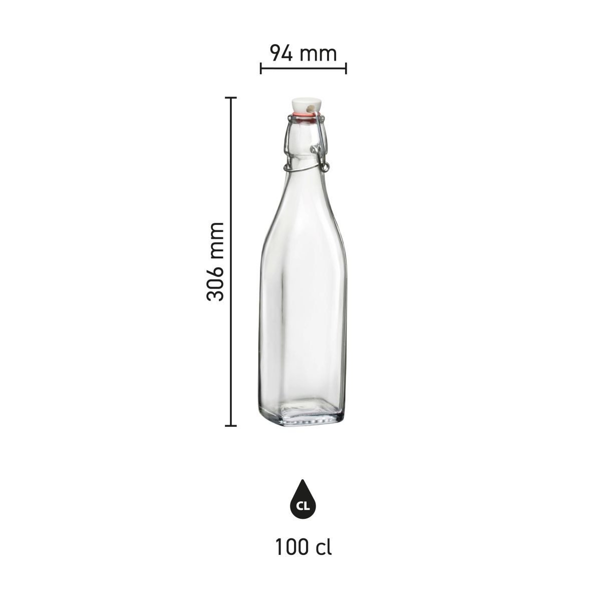 Infographic toont afmetingen van vierkante Swing glasfles 1 liter met beugelsluiting.