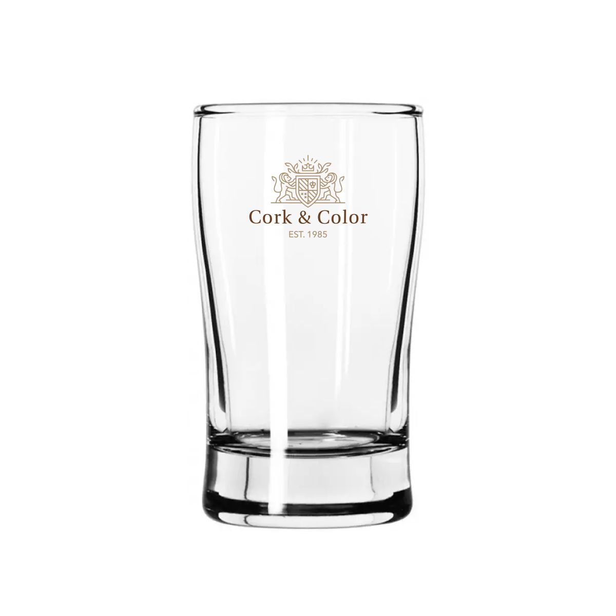 Glas bier proefglaasje Esquire 15 cl met meerkleurig CorkColor-logo op de voorzijde.