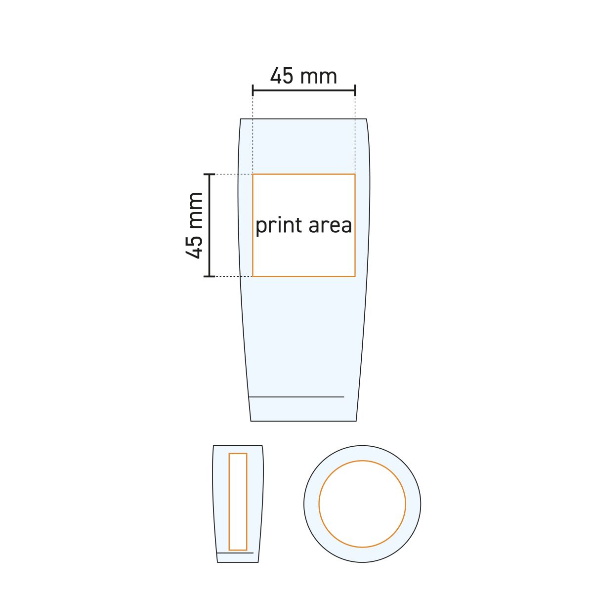 Technische werktekening van een bierflute van 18 cl. met aanduiding van het drukgebied.