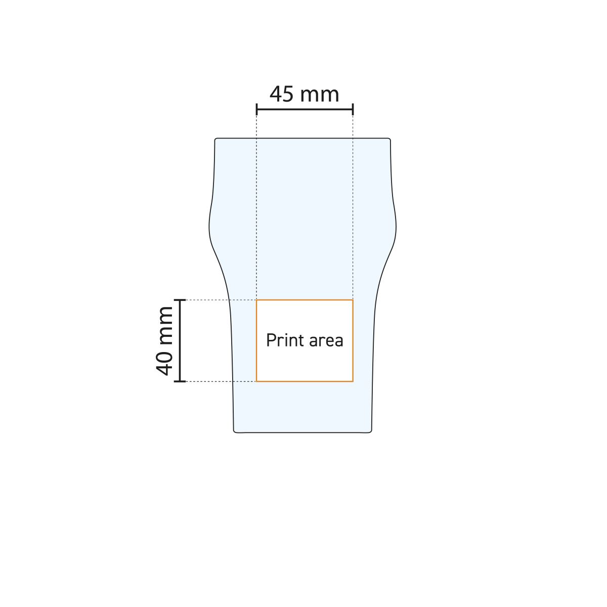 Aanduiding van het beschikbare drukoppervlak op het 28 cl. Nonic glas in een technische werktekening.
