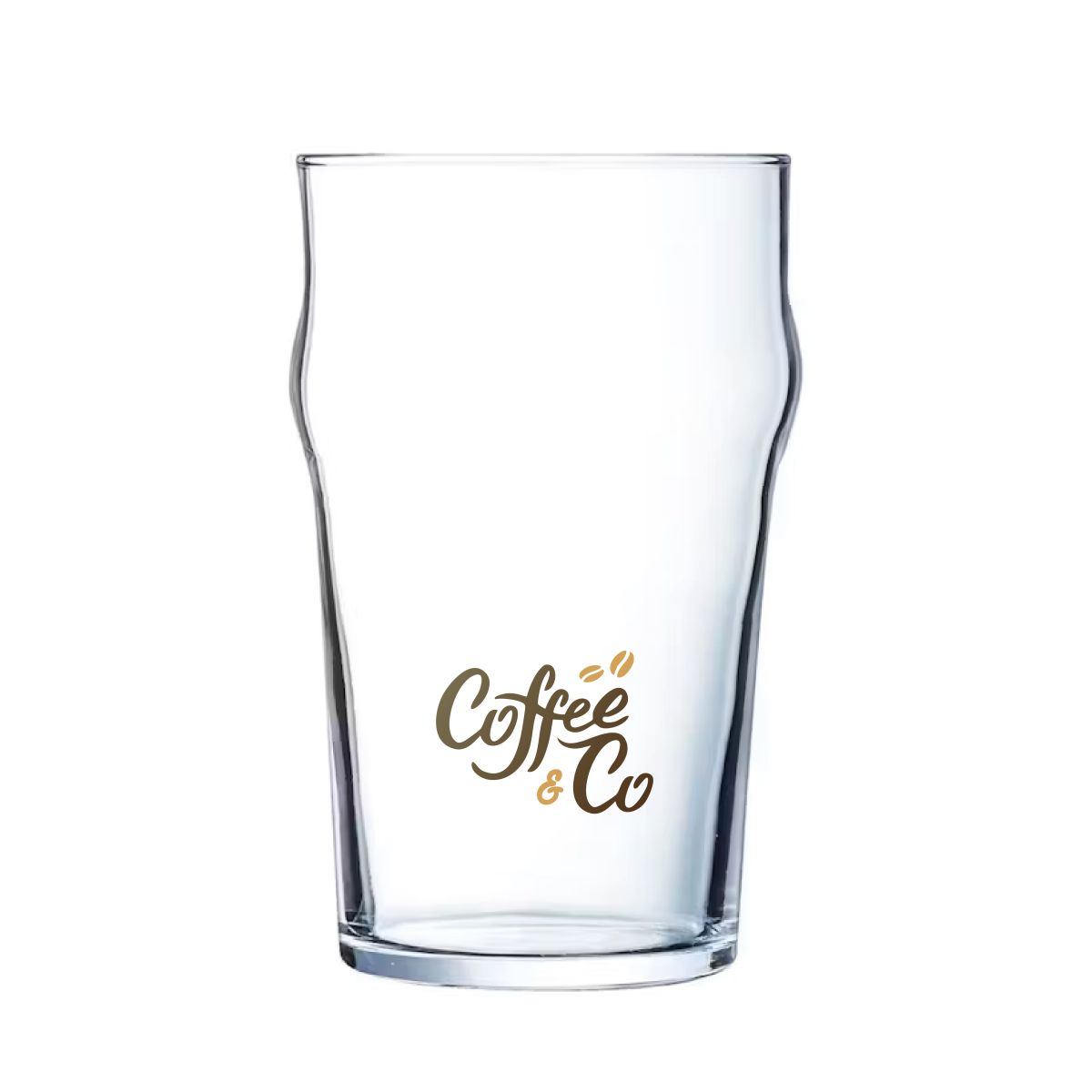 Bierglas van 28 cl. met full-colour CoffeeCo-logo zichtbaar aan de voorzijde van het Nonic glas.