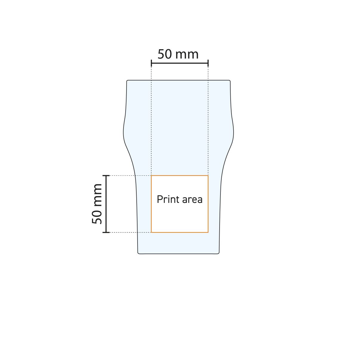 Technische werktekening met drukgebied voor logo’s op het bierglas Nonic 34 cl.