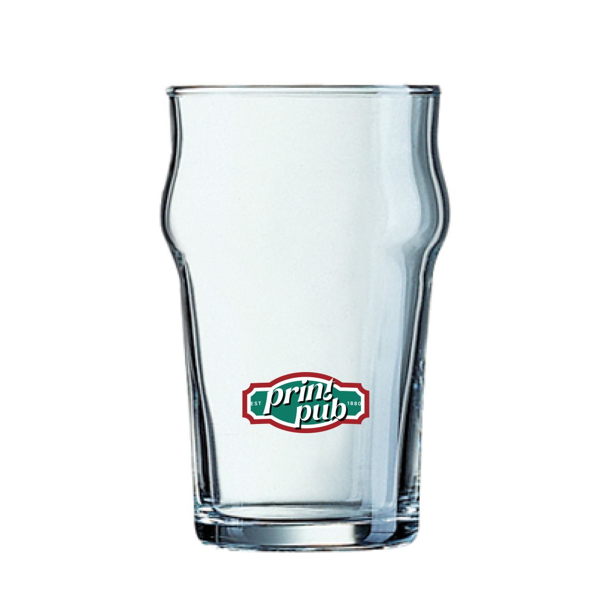 Nonic bierglas met kleurrijk PrintPub-logo in meerdere kleuren bedrukt op het gladde glasoppervlak.