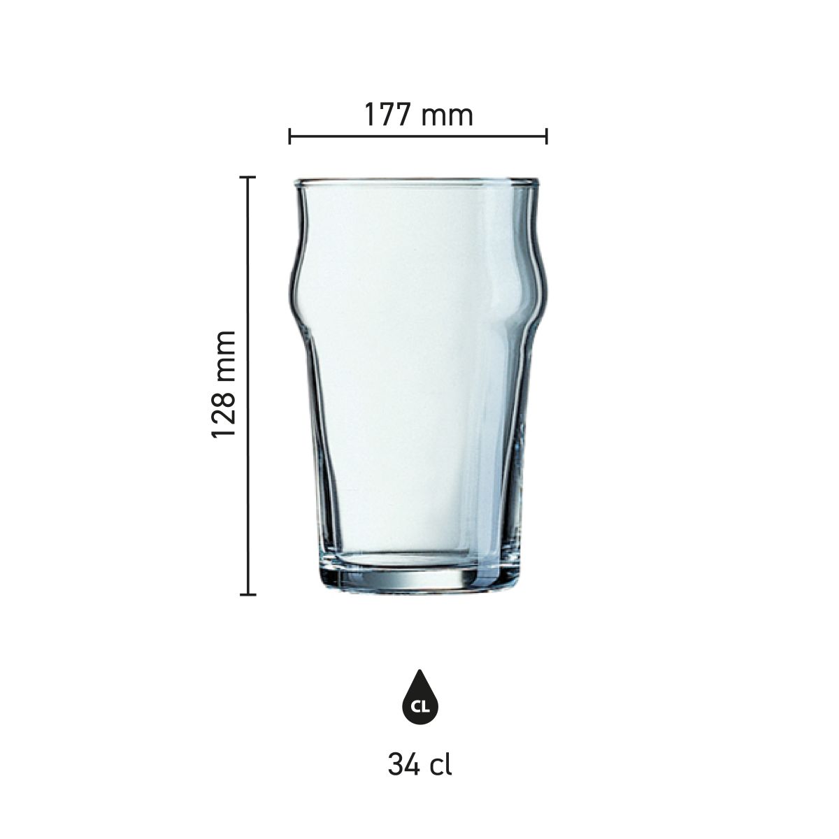 Infographic met de afmetingen van het Arcoroc Nonic bierglas 34 cl. inclusief diameter en hoogte.