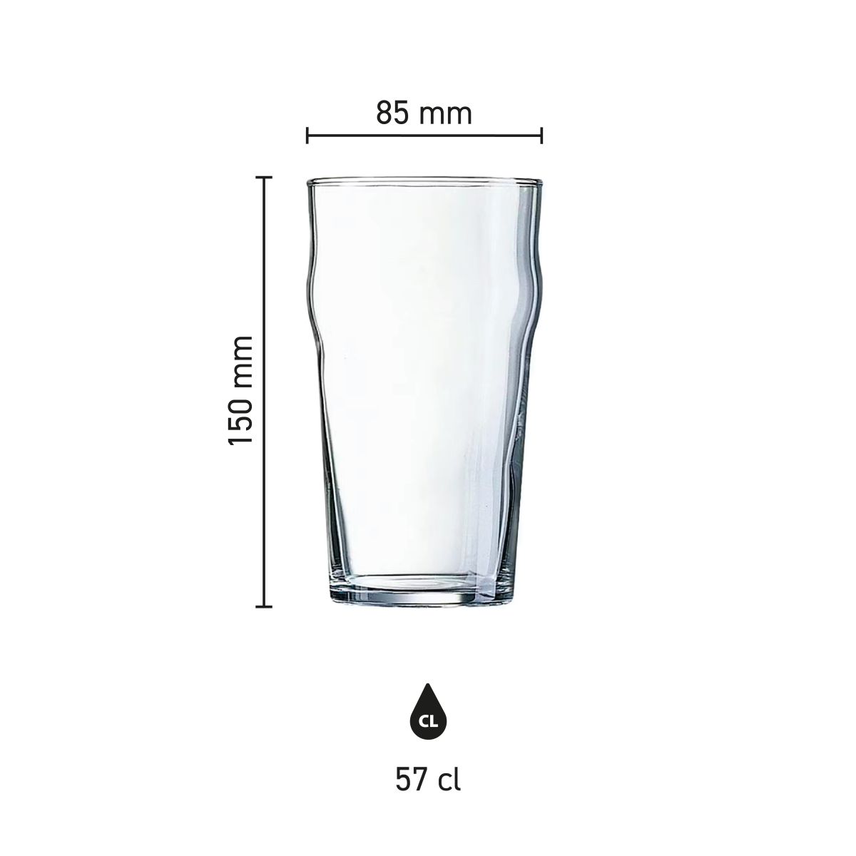Infographic met de hoogte en diameter van het 57 cl Arcoroc Nonic glas in productoverzicht.