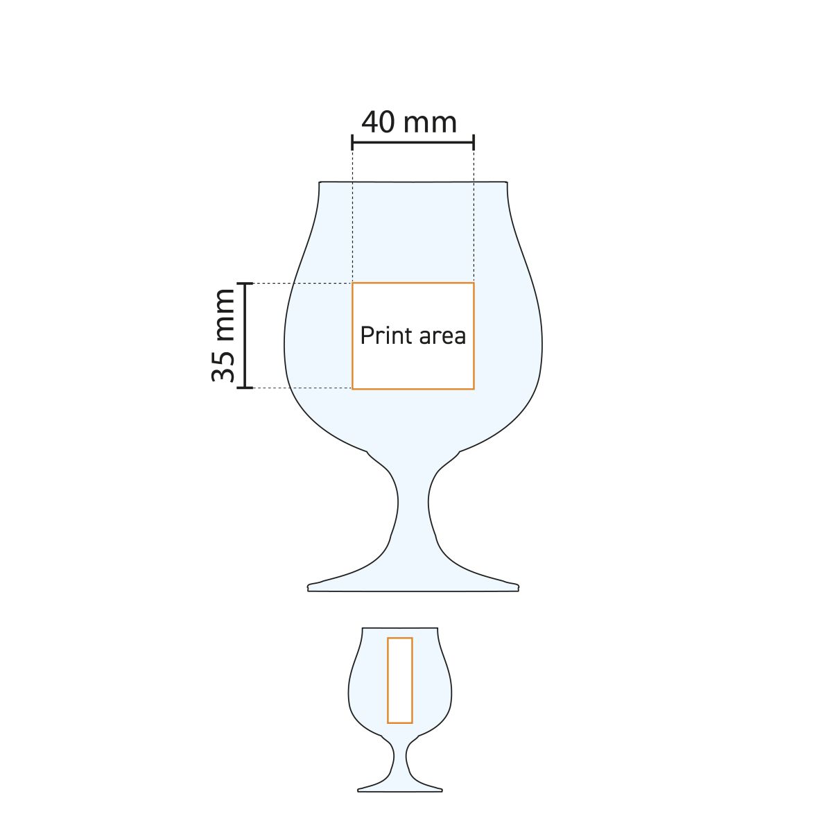 Werktekening van Bierglas Breughel 38 cl., toont bedrukkingszone op het glasoppervlak.