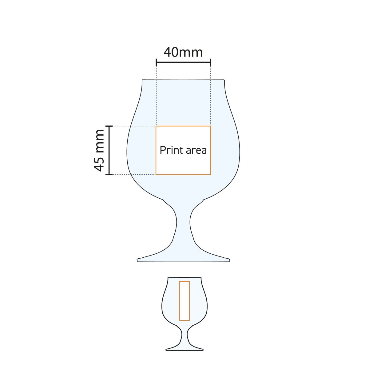 Technische werktekening van Breughel 48 cl. glas, met aanduiding van bedrukbare zones.