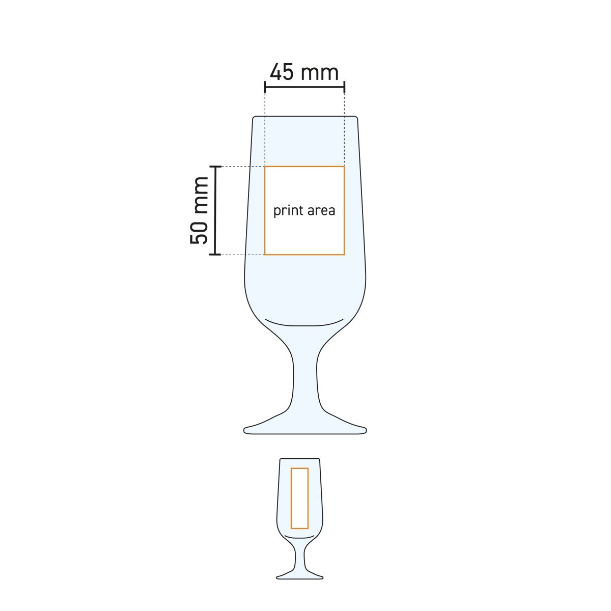 Technische werktekening met aanduiding van het drukgebied op Capri bierglas 35 cl.
