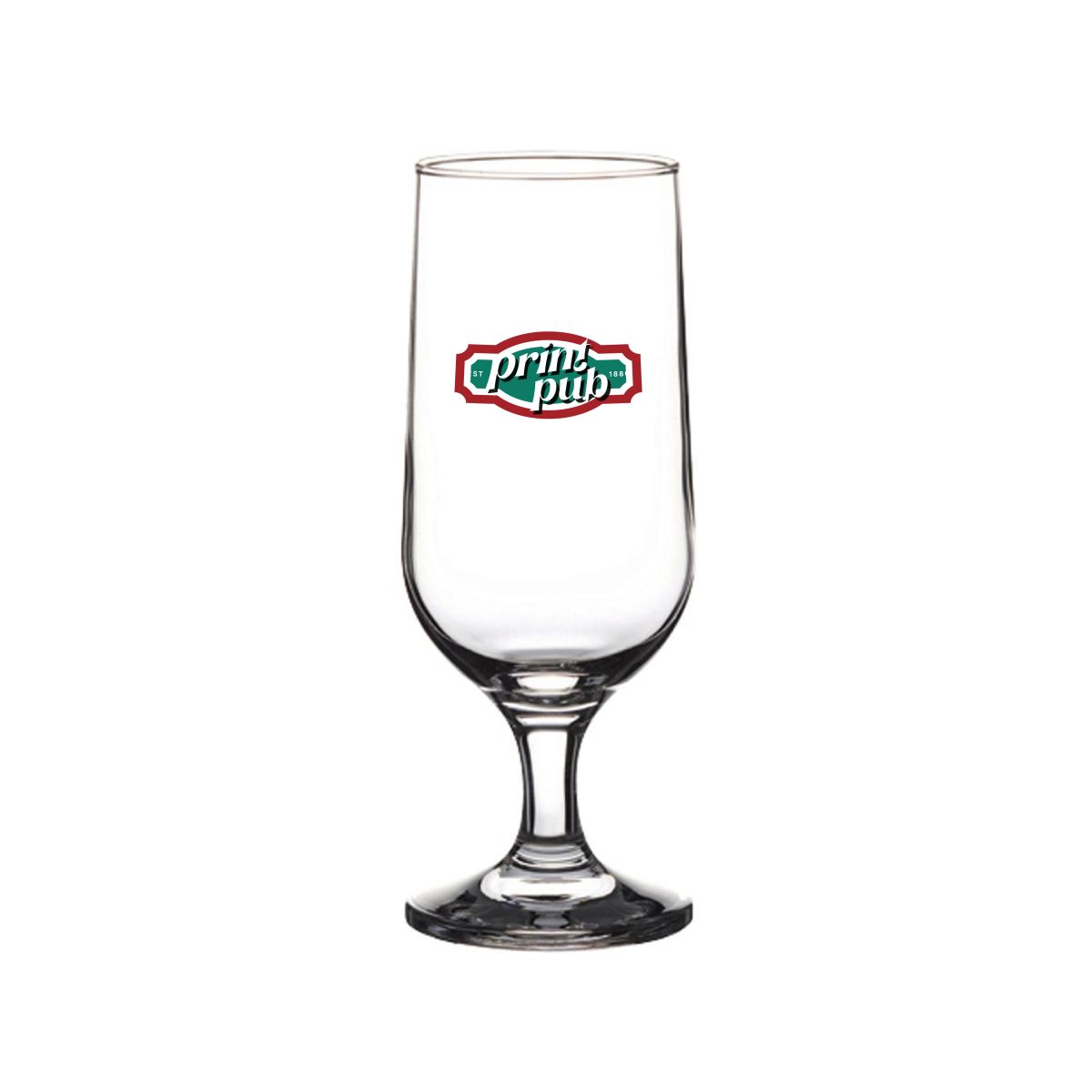 Voorzijde van Capri bierglas 35 cl.. bedrukt met meerkleurig PrintPub-logo op glasoppervlak.