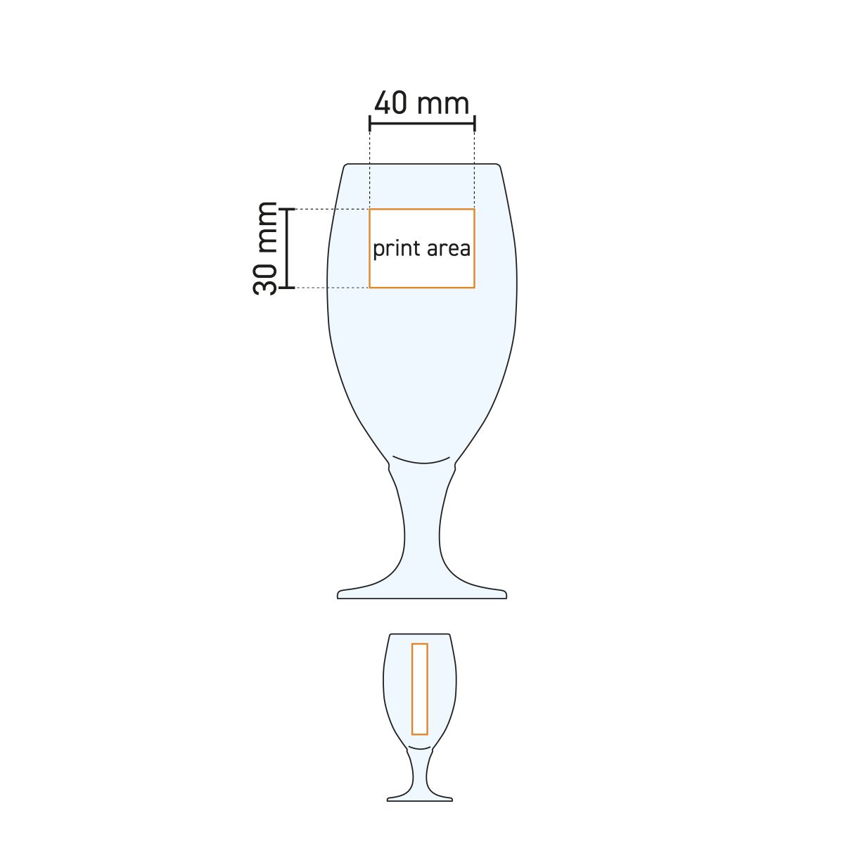 Technische werktekening met drukgebied op het bierglas Cheers 32,5 cl. voor logo-positionering.