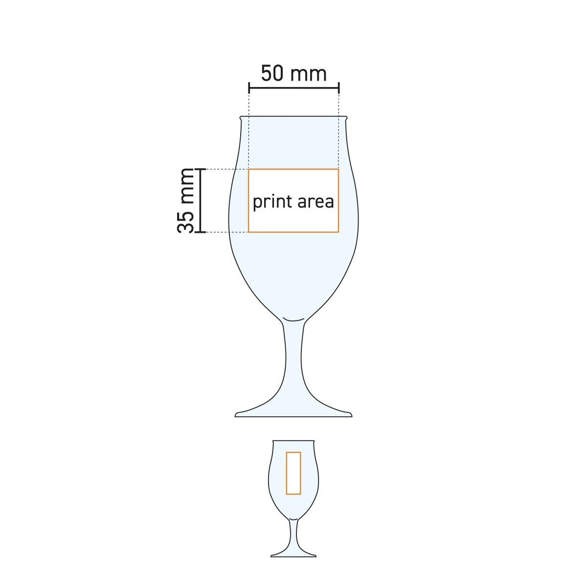 Technische werktekening van het Bierglas Executive 26 cl. met markering van het mogelijke drukgebied.