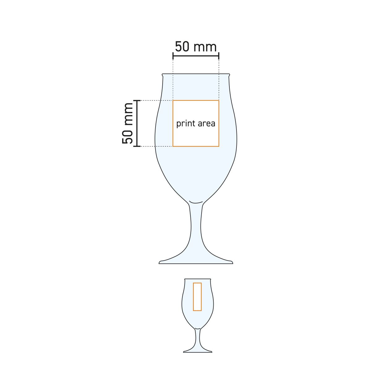 Gedetailleerde werktekening met drukgebied op het Executive bierglas van 53 cl.