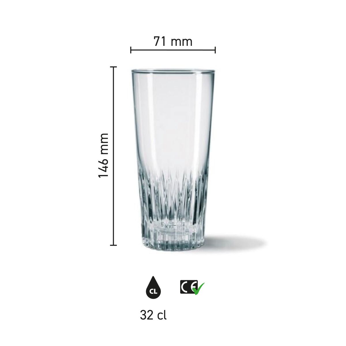 Infographic met afmetingen van bierglas Gaetan 32 cl., inclusief hoogte en diameter.
